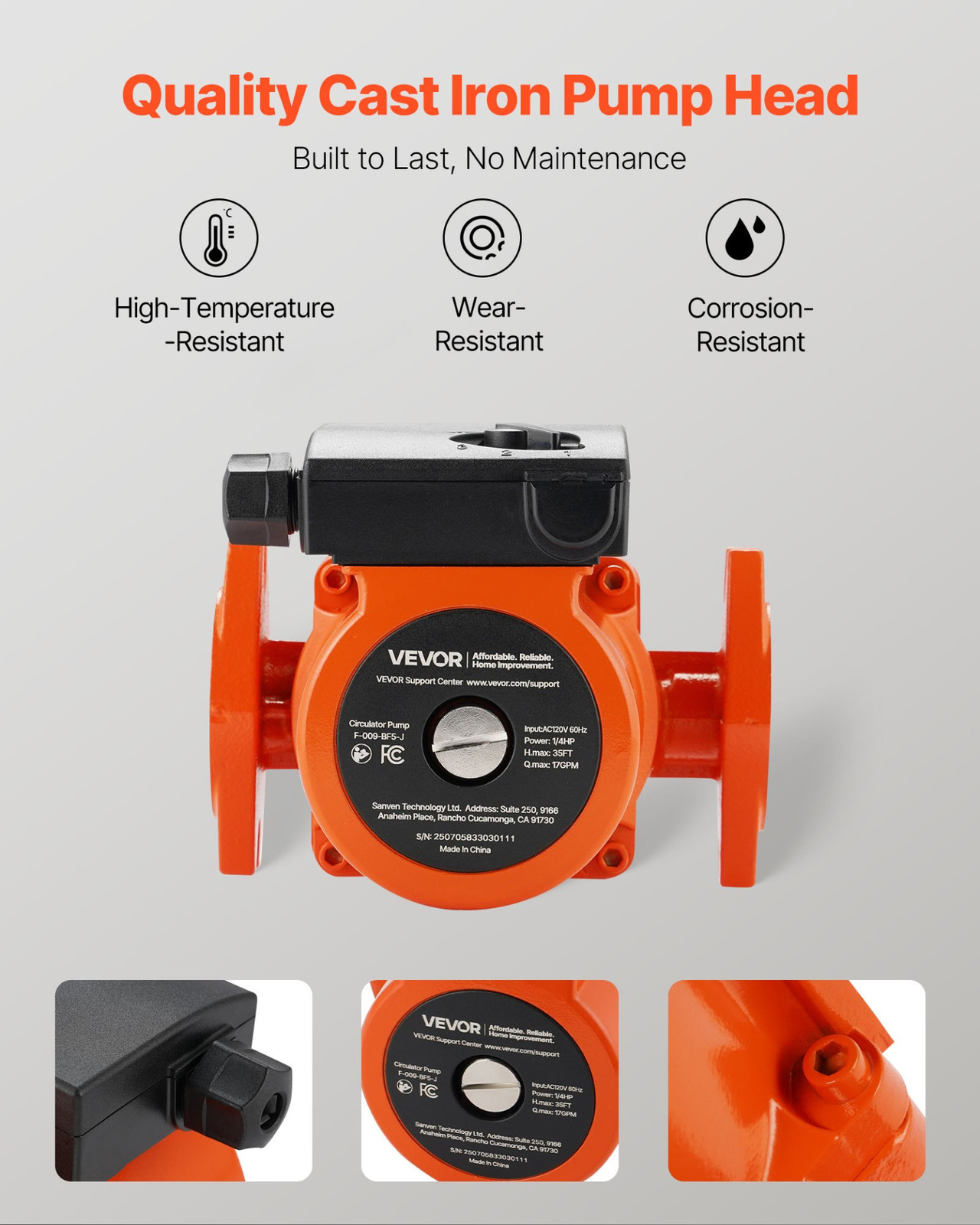 F-009-BF5-J Cast Iron Circulator Pump, 17 GPM, for Home Heating System