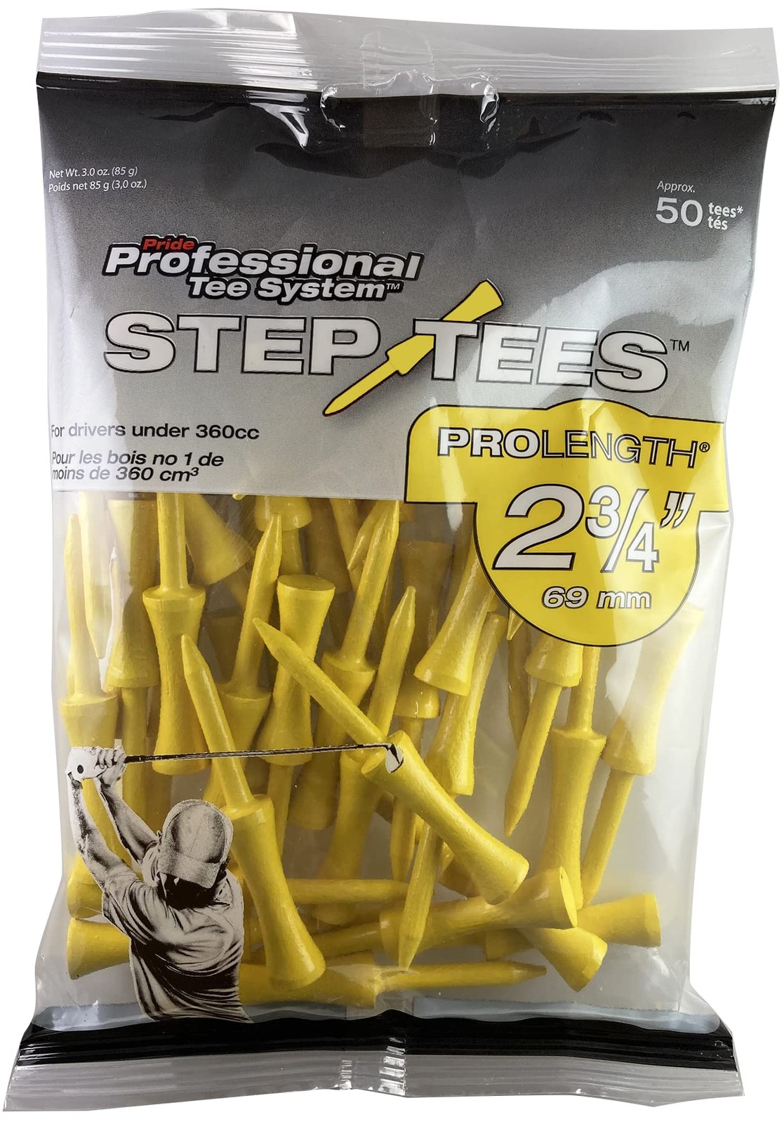 PrideSports PTS Step Tees | 50 Count, 2-3/4 Inch | Wood Golf 2-3/4", Yellow