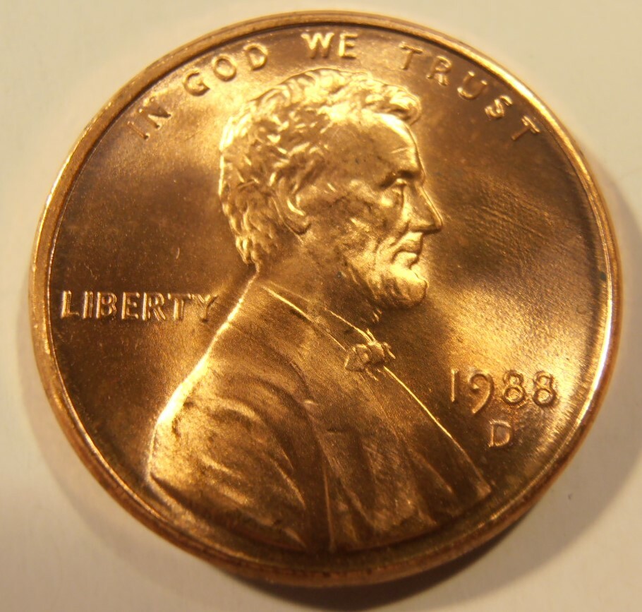 1988 D Lincoln Cent -  BU coin from a nice roll, FREE SHIPPING