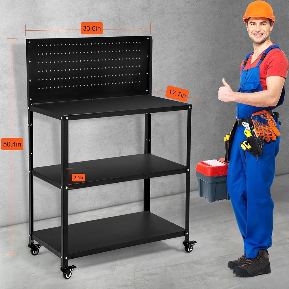 3-TIER HEAVY DUTY WORKBENCH WITH PEGBOARD LOCKABLE WHEELS FOR GARAGE WORKSHOP