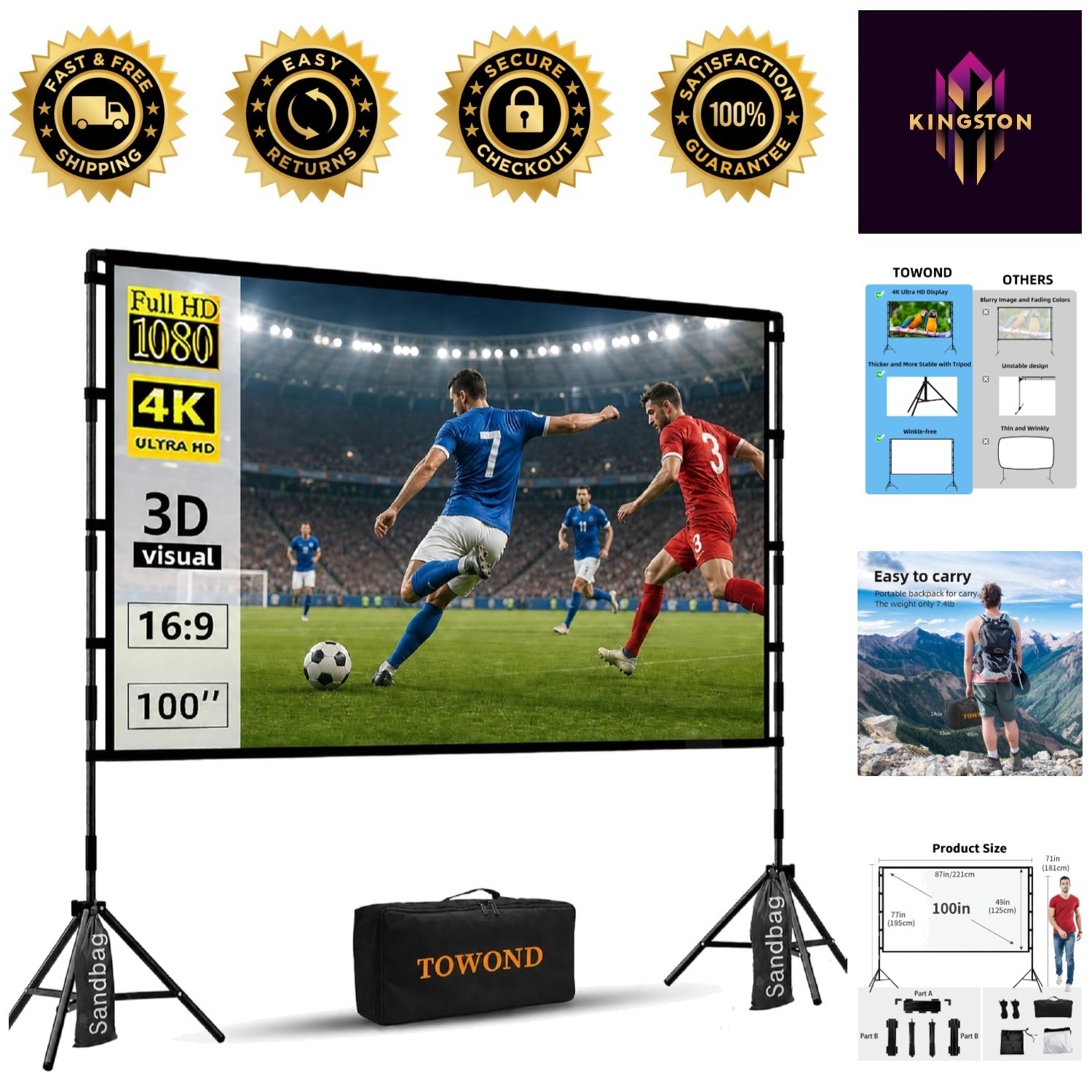 100 Inch Portable Projector Screen with Stand - Perfect for Indoor & Outdoor