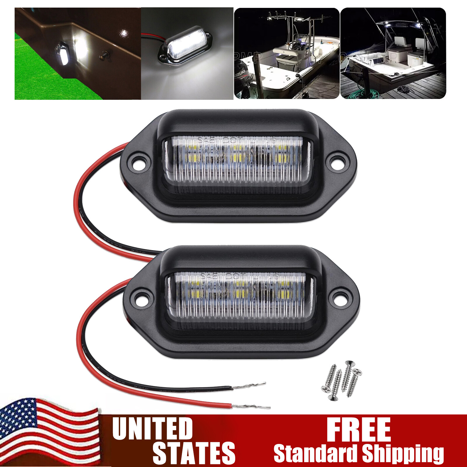 2X Marine Boat LED Deck Courtesy Lights White 6 LED Stern Transom Lamp White US