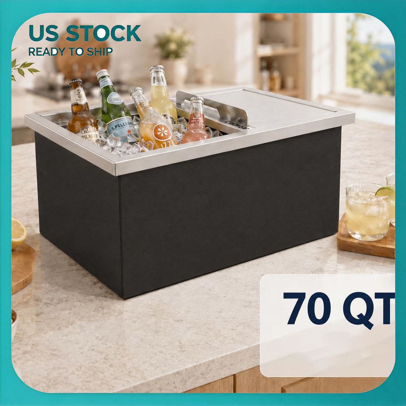 70QT Drop in Ice Chest Stainless Steel Ice Cooler Sliding Cover Insulated Outdoo