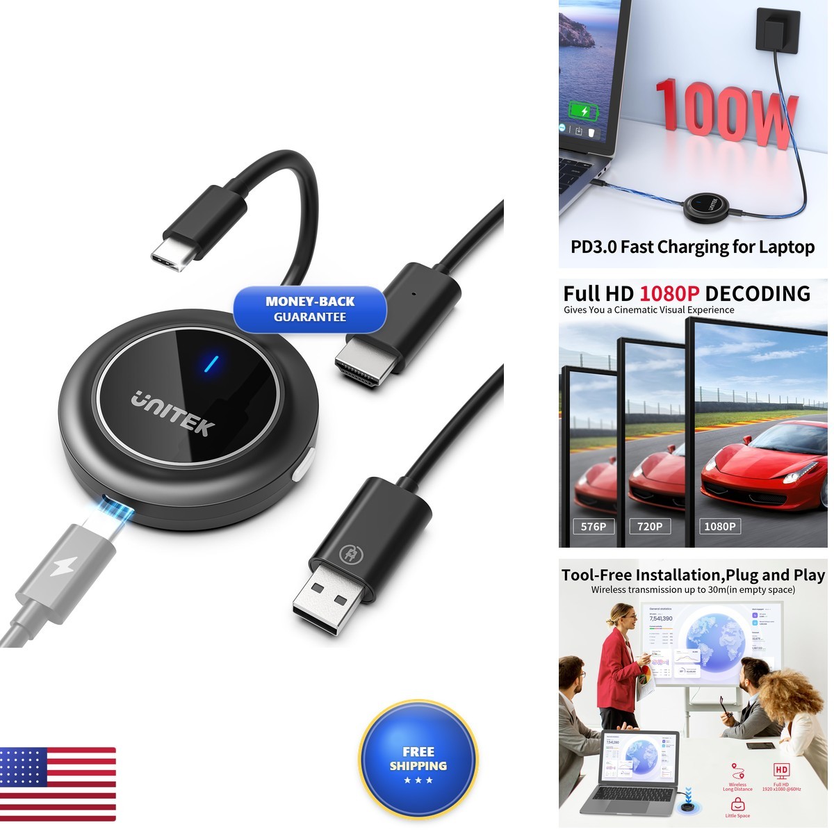 Unitek V1162B USB C Wireless HDMI Display Dongle Adapter PD3.0 Charging