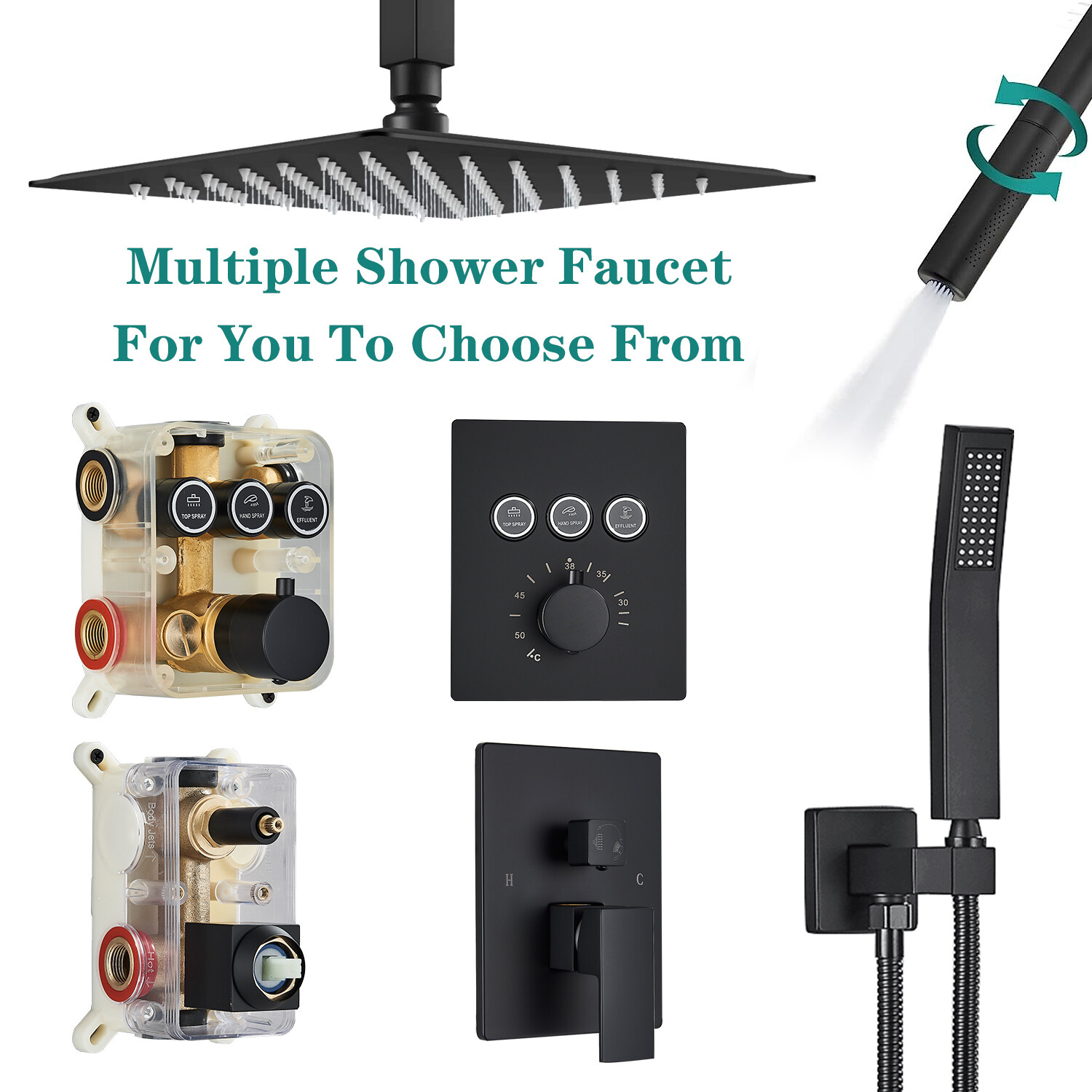 Luxury Ceiling Black Shower Faucet Rainfall Shower Head Combo Set Massage System