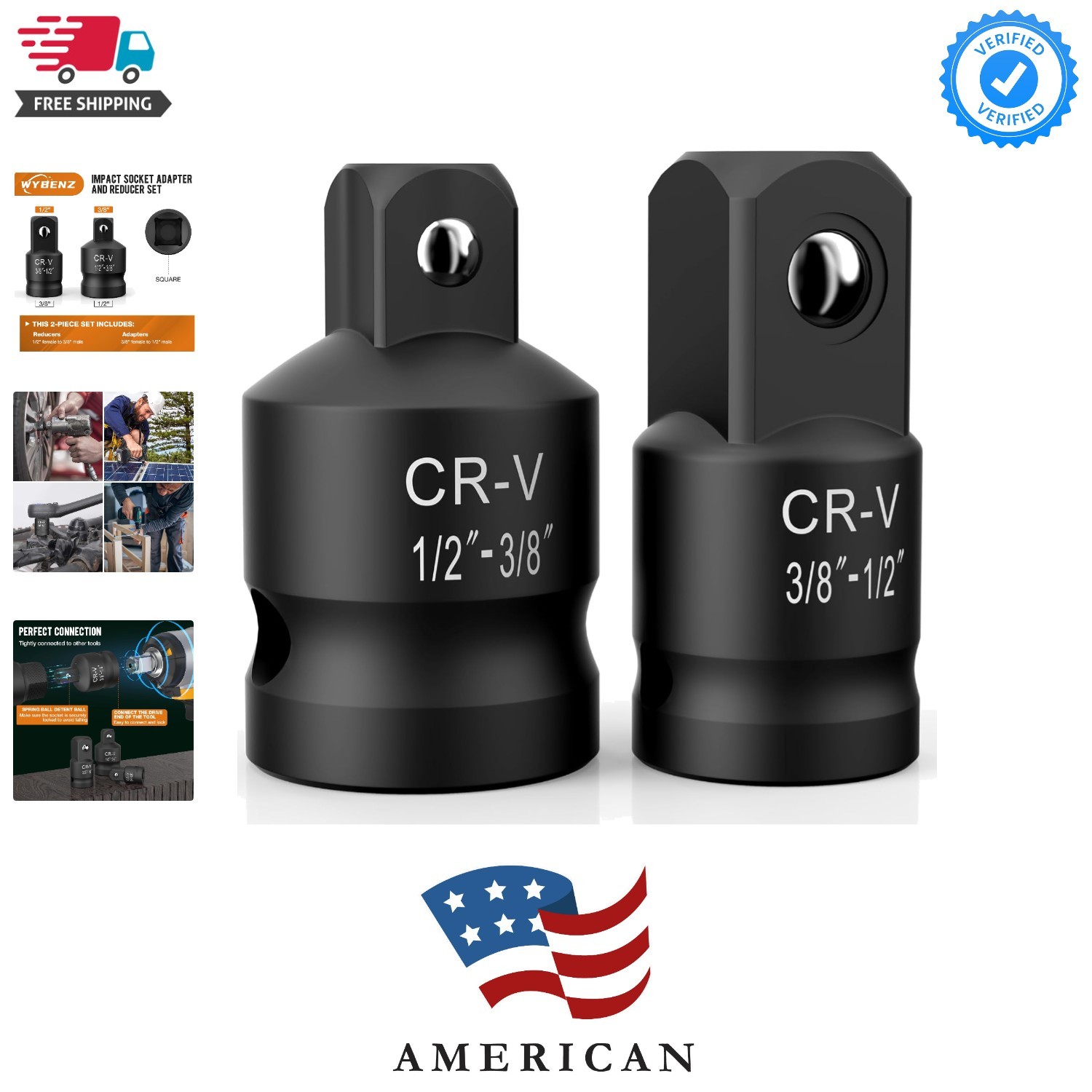 2PCS Impact Socket Adapter & Reducer Set, 1/2"F to 3/8"M & 3/8"F to 1/2"M | I...