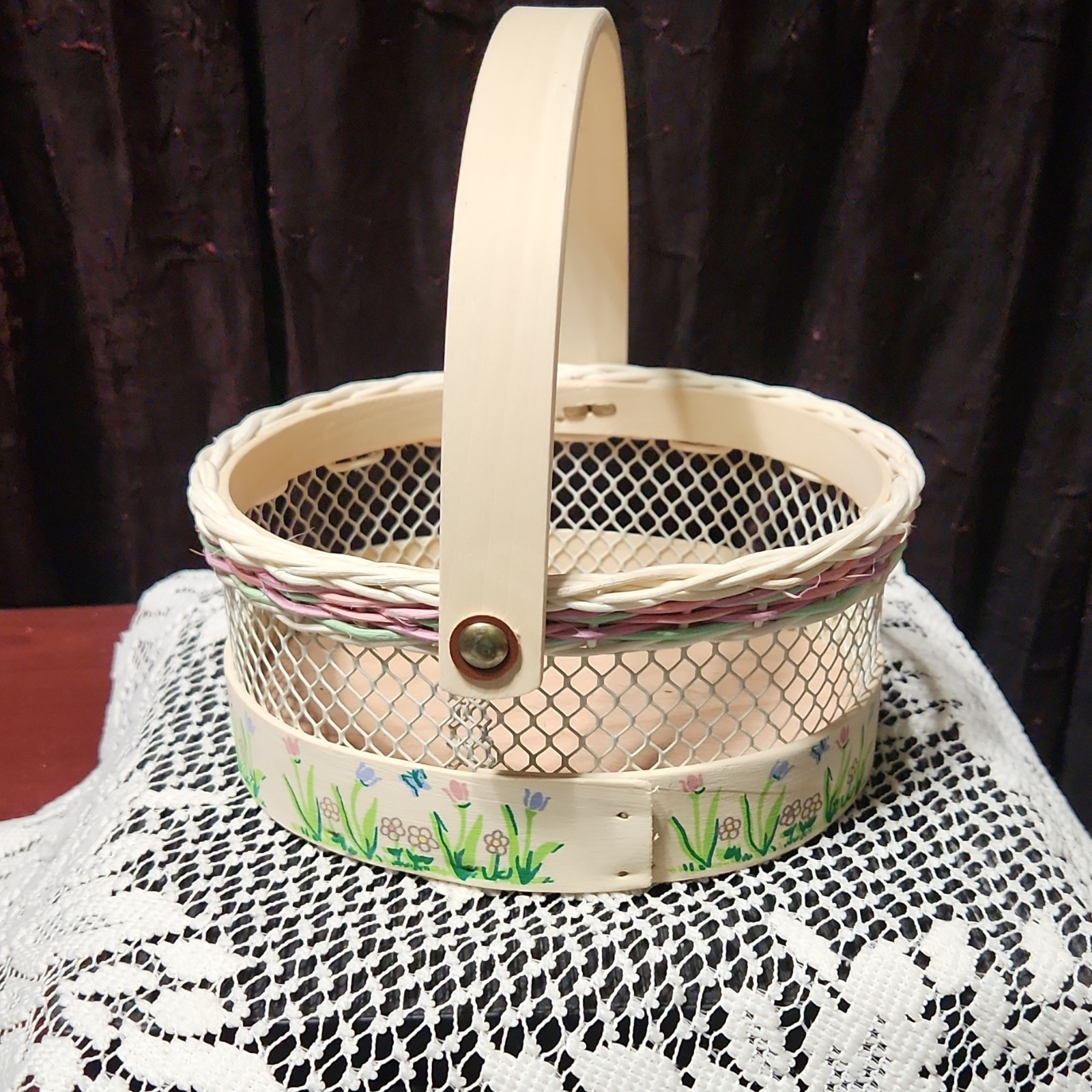 Decorative Mesh Floral Spring Basket with Handle Beige Pink Green Round