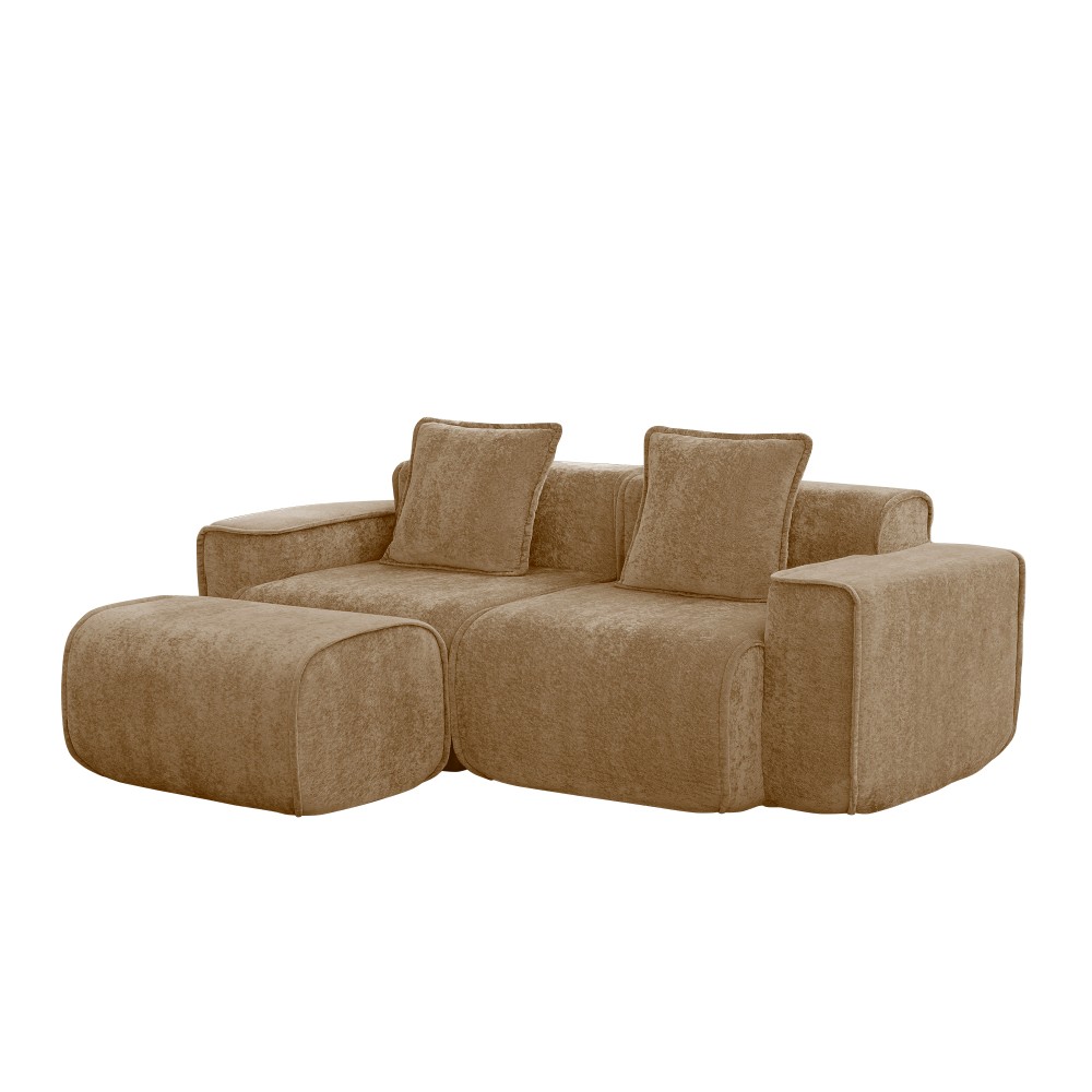 L-Shape Sectional Sofa w/ Ottoman Compressed Sofa Velvet Brown, No Assembly