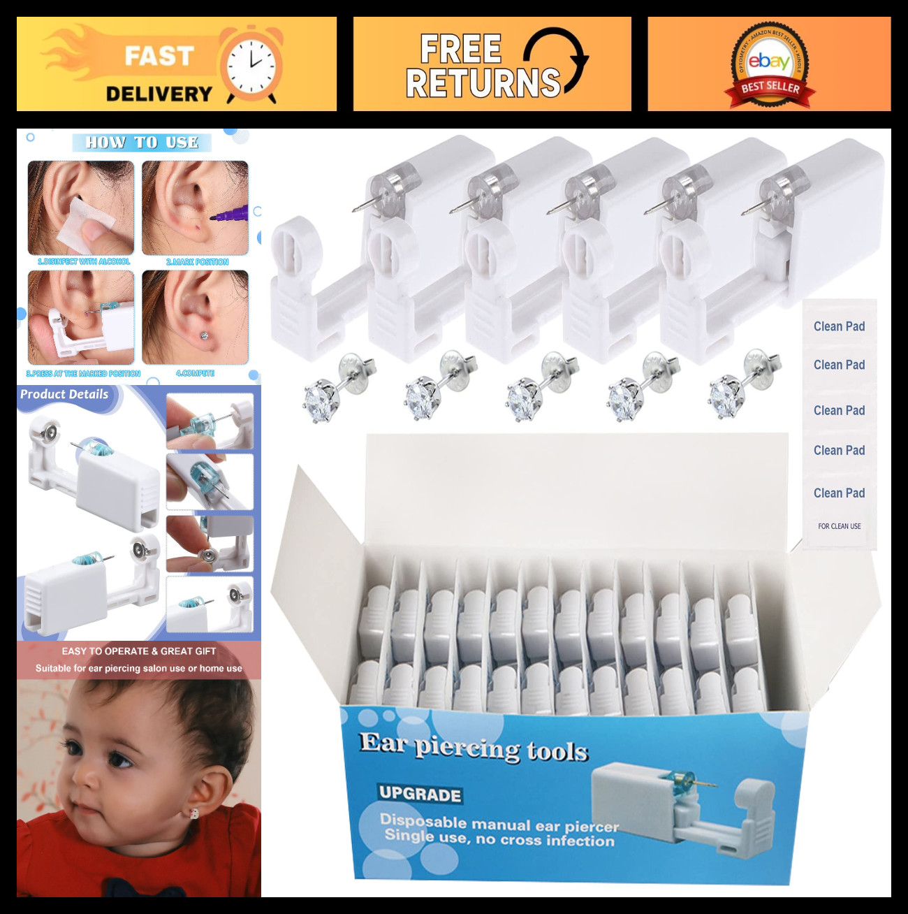72Pcs Ear Piercing Gun Kit - Disposable Self Ear Piercing with Earrings & Clean