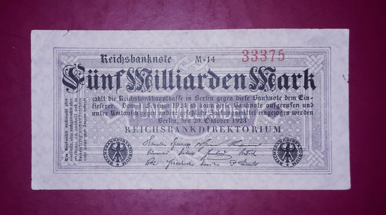 Germany "Weimar hyperinflation" 5 mlrd mark banknote,1923year(normal condition)