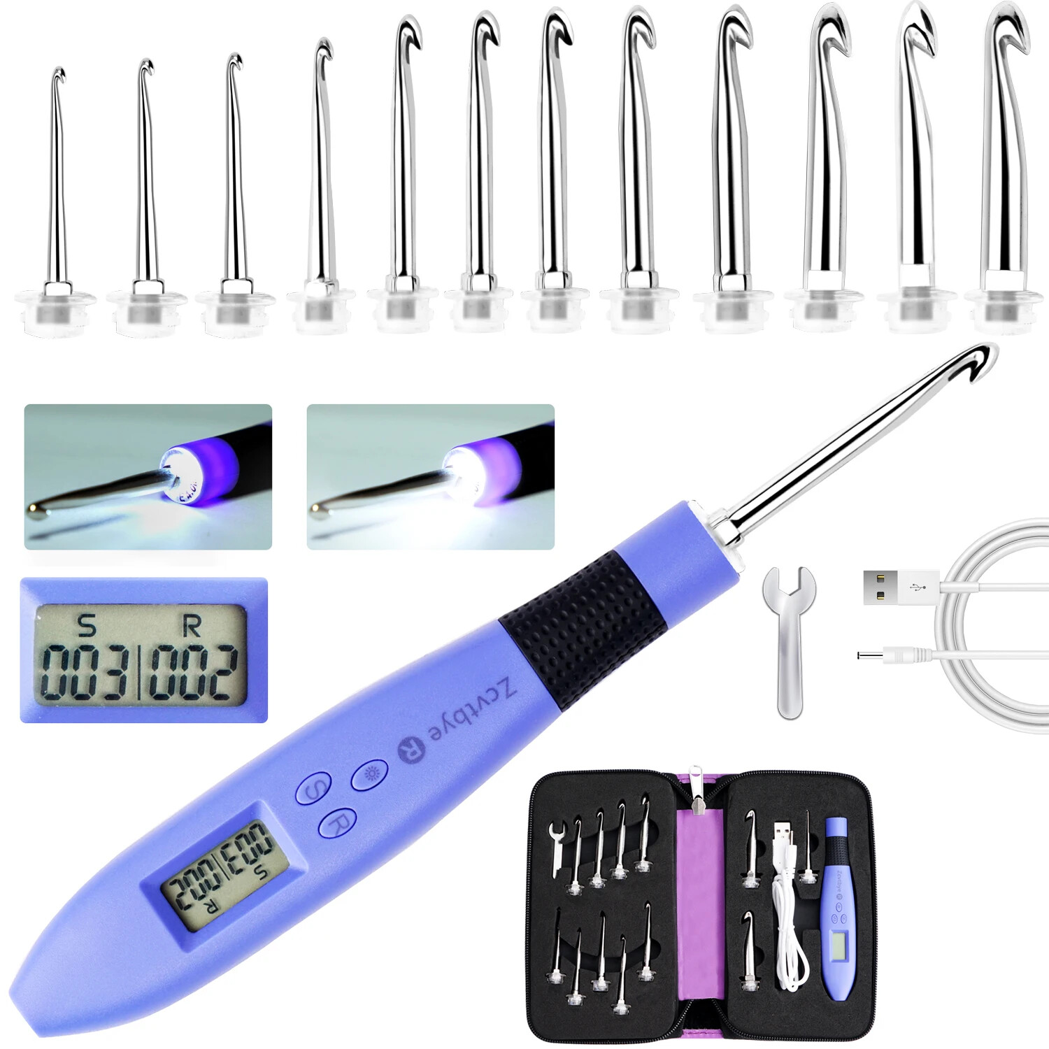 12pcs Lighted Crochet Hook Set with Counter Ergonomic Knitting Needles Kit Tool