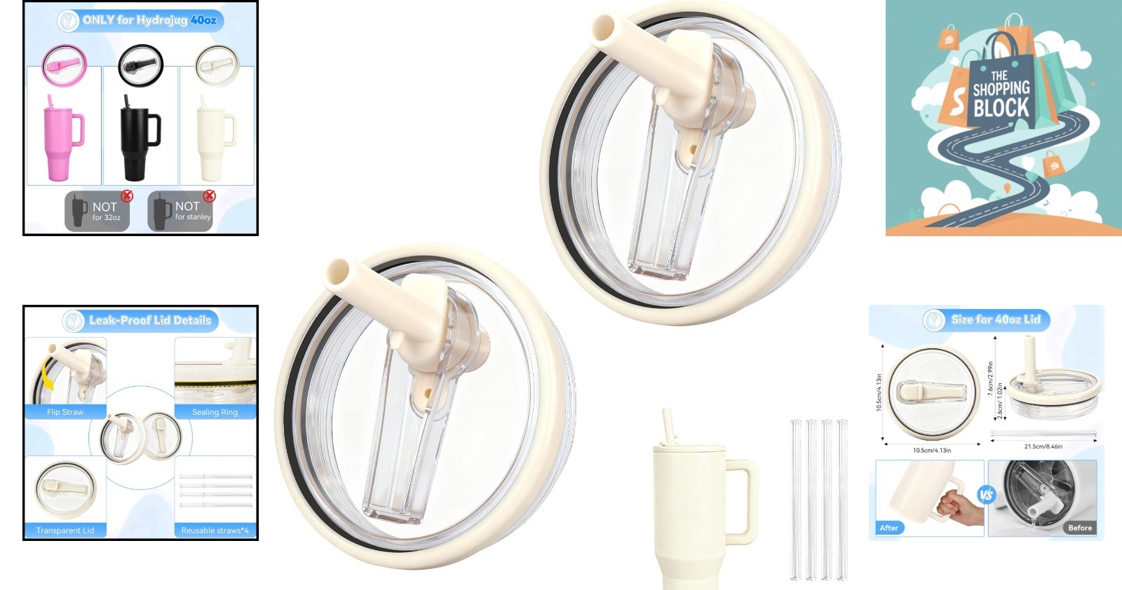 Cream 40oz HydroJug Flip Straw Leak-Proof Lid with 4 Straws, BPA-Free, Dishwa...
