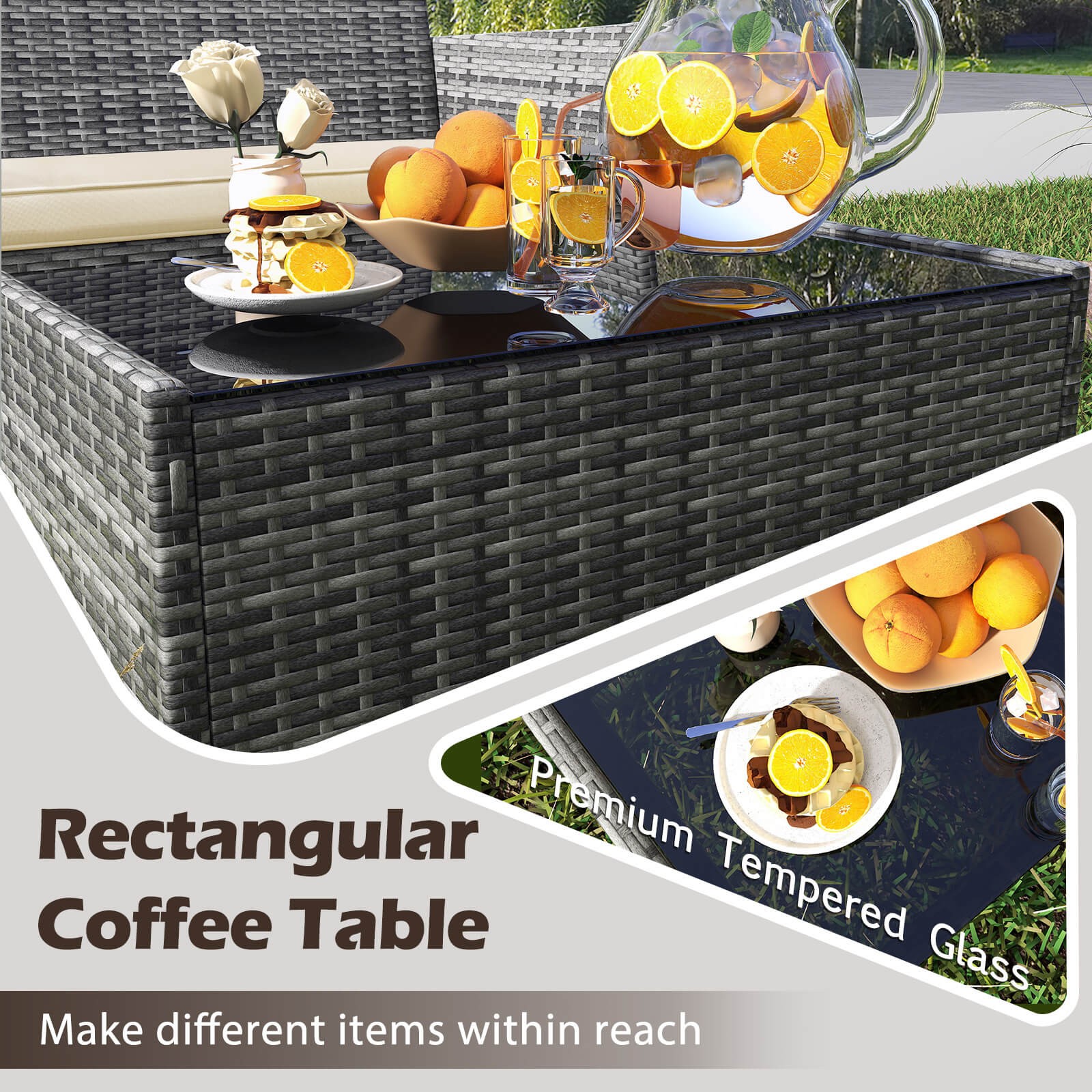 8 PCS Patio Furniture Set w/Washable Cushions and Tempered Glass Coffee Table