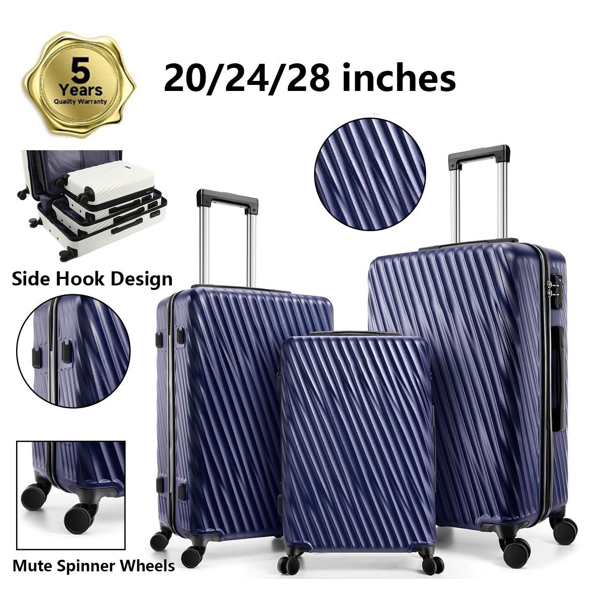 3 Piece ABS Luggage Set with Wheels Hardshell Suitcases with TSA Lock Hardside