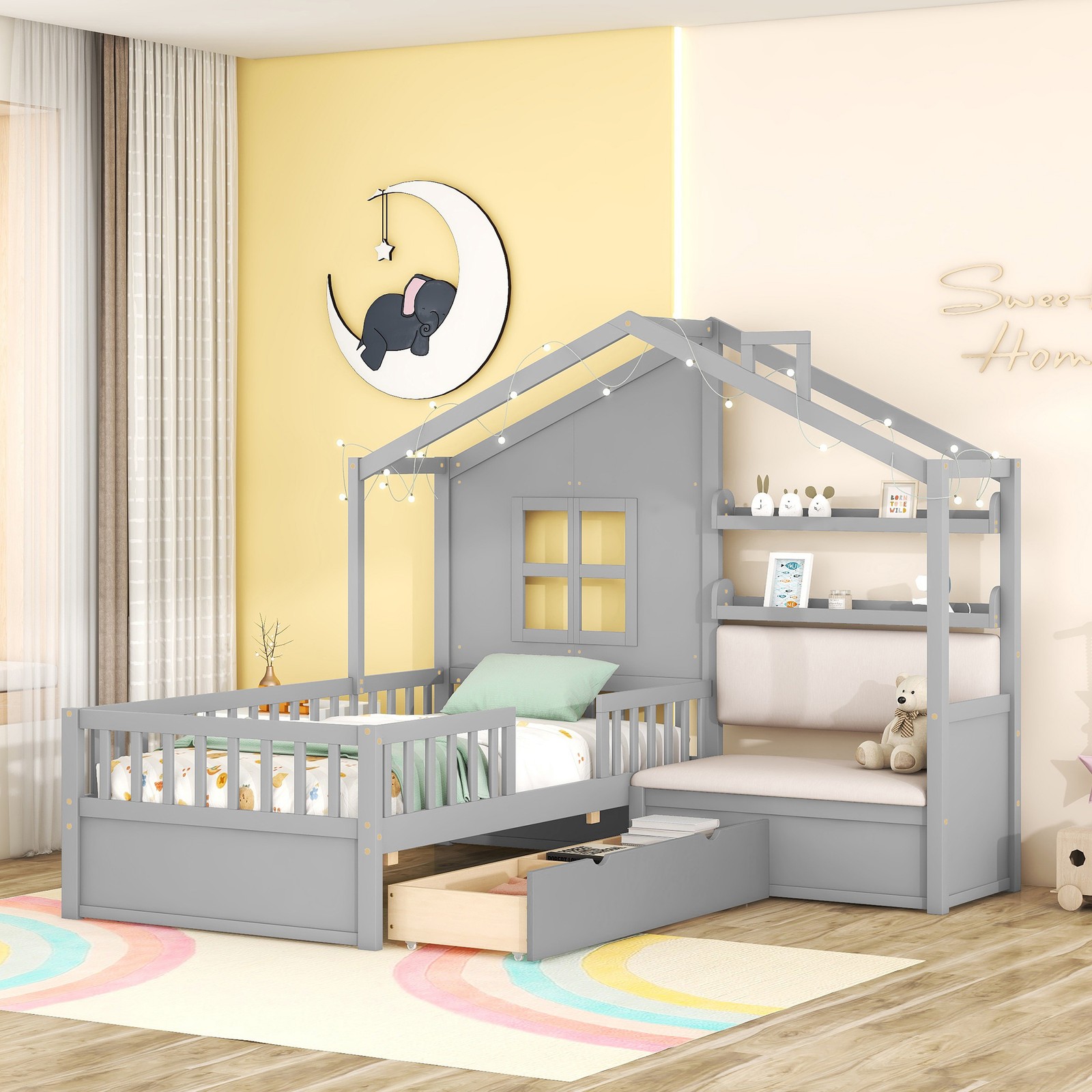 Twin Size House Bed with Sofa, Kids Platform Bed with Two Drawers and Storage S