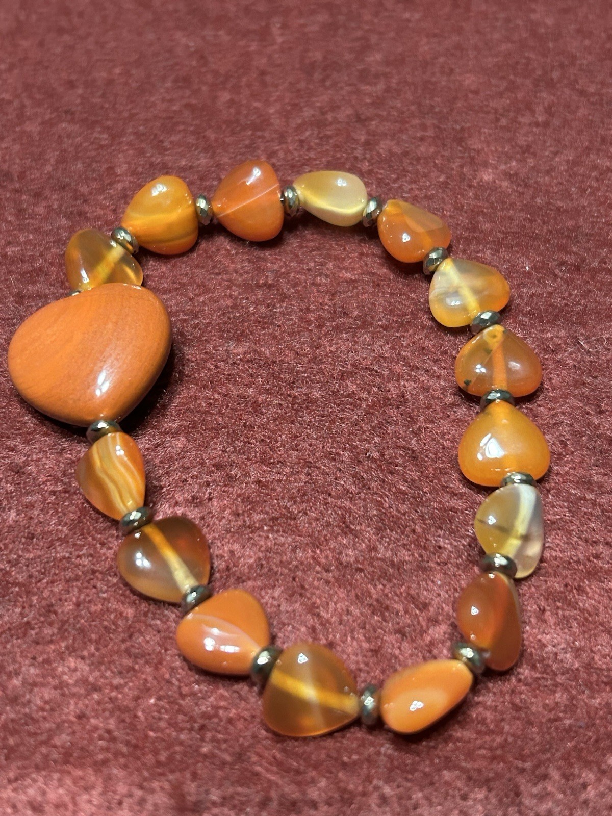 Carnelian Heart Shape Stretchy Bracelet 6”