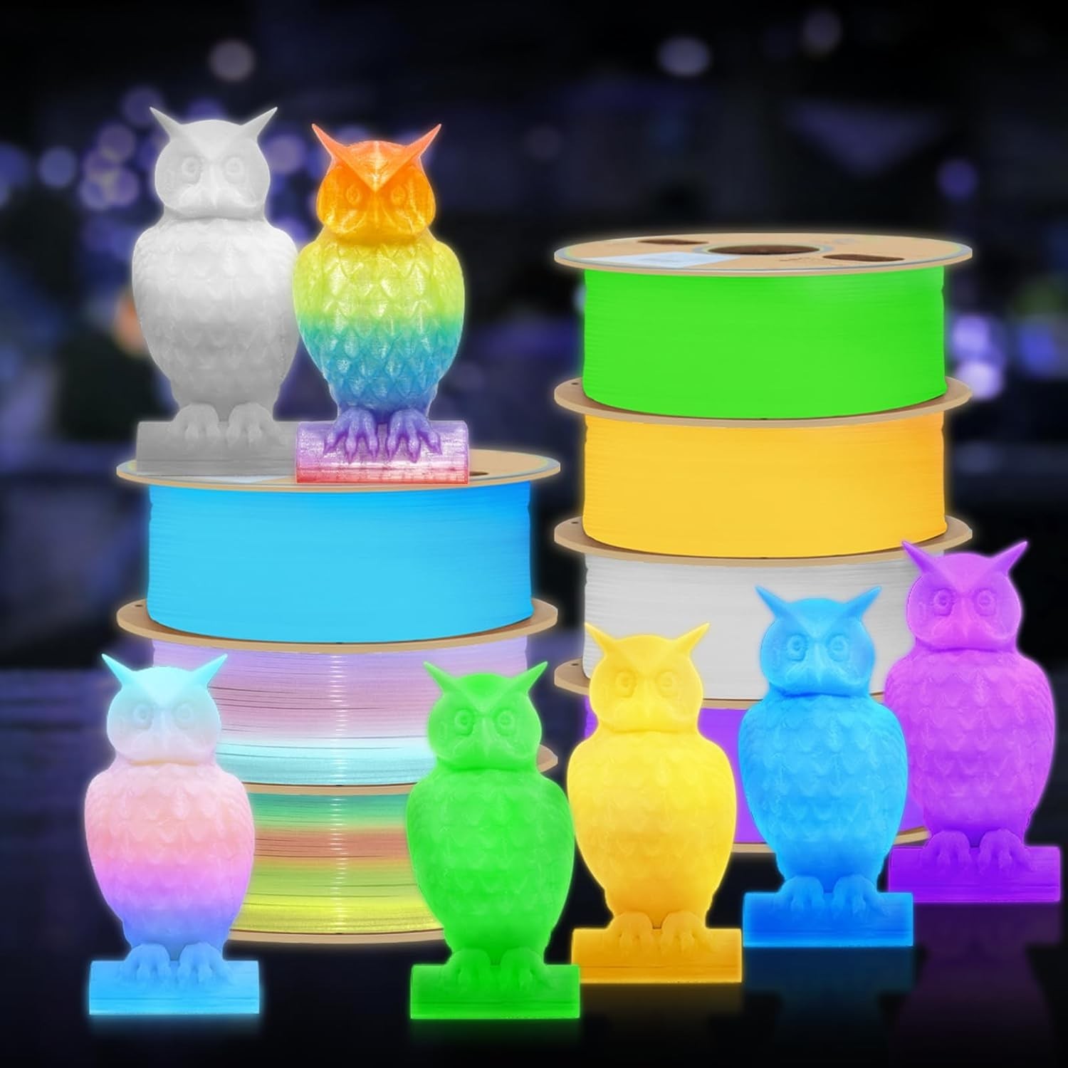 3D Printer Filament Bundle Glow in Dark Multicolor PLA 1.75mm 4 Pack