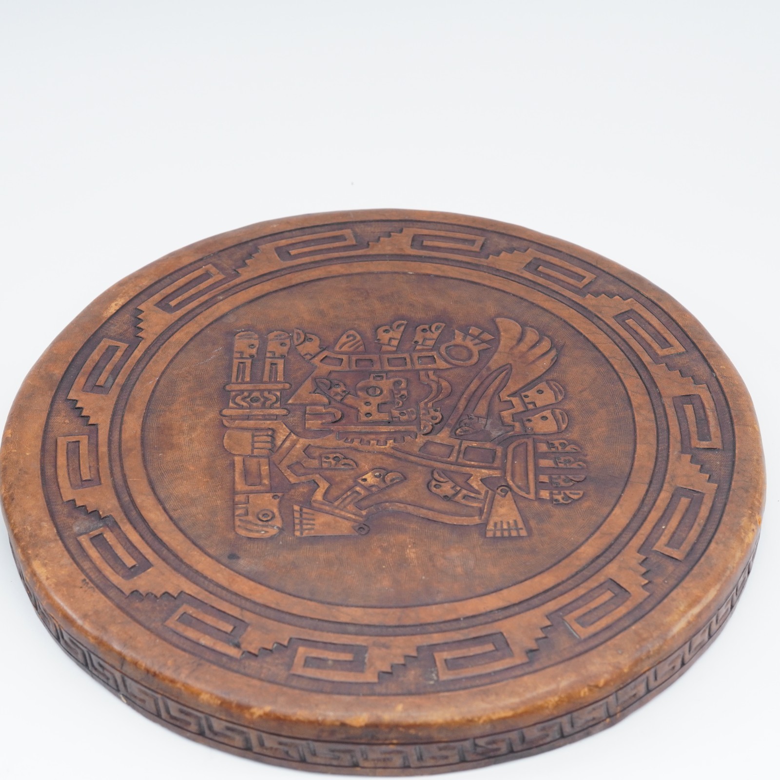 Hand Tooled Leather Top Wooden Stool Ottoman Ethnic Peru Mayan Aztec Warrior