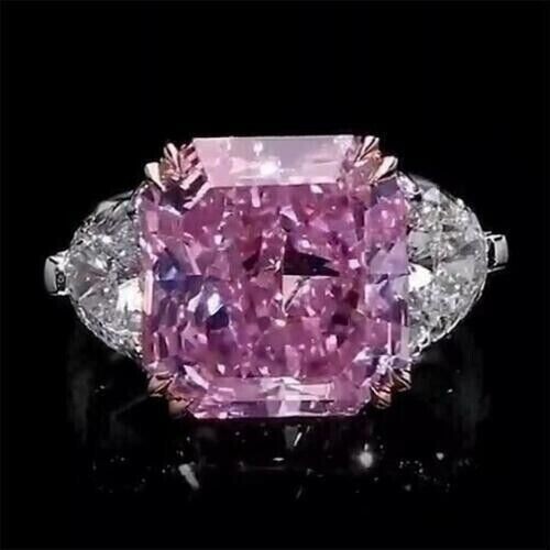 4Ct Ascher Cut Pink Sapphire Lab Created Engagement Ring 14K White Gold Plated