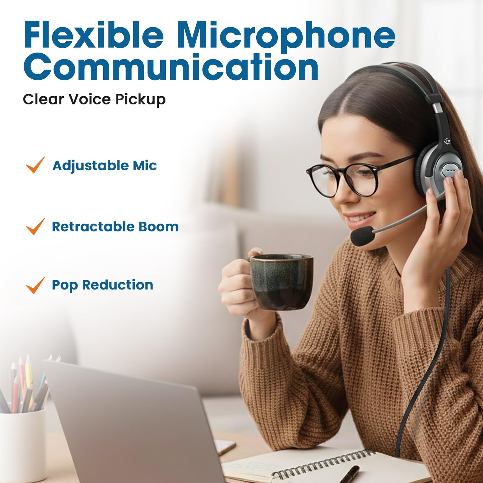 Wired Headset with Microphone, 8 ft Braided Cable, Volume Control, 3.5mm Jack