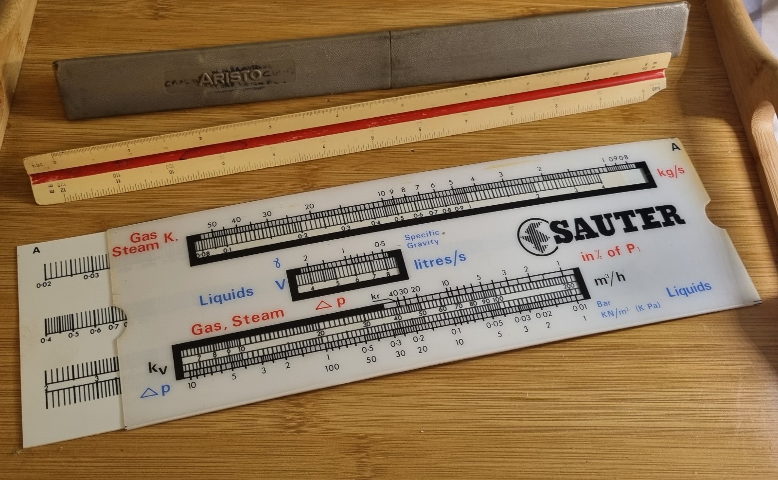 Vintage Sauter Liquid Gas Slide Chart & Aristo Triangle Rule Cased Scientific