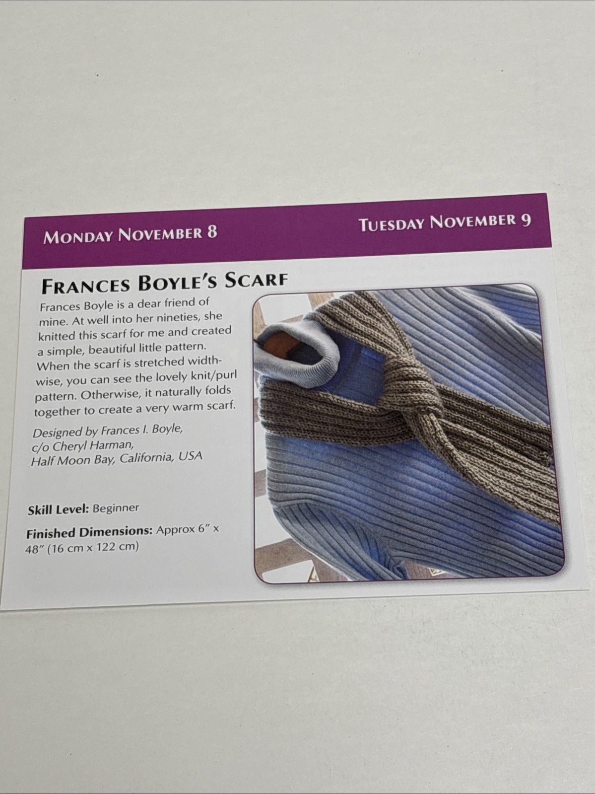 Frances Boyle's Scarf Knitting Pattern Card Page