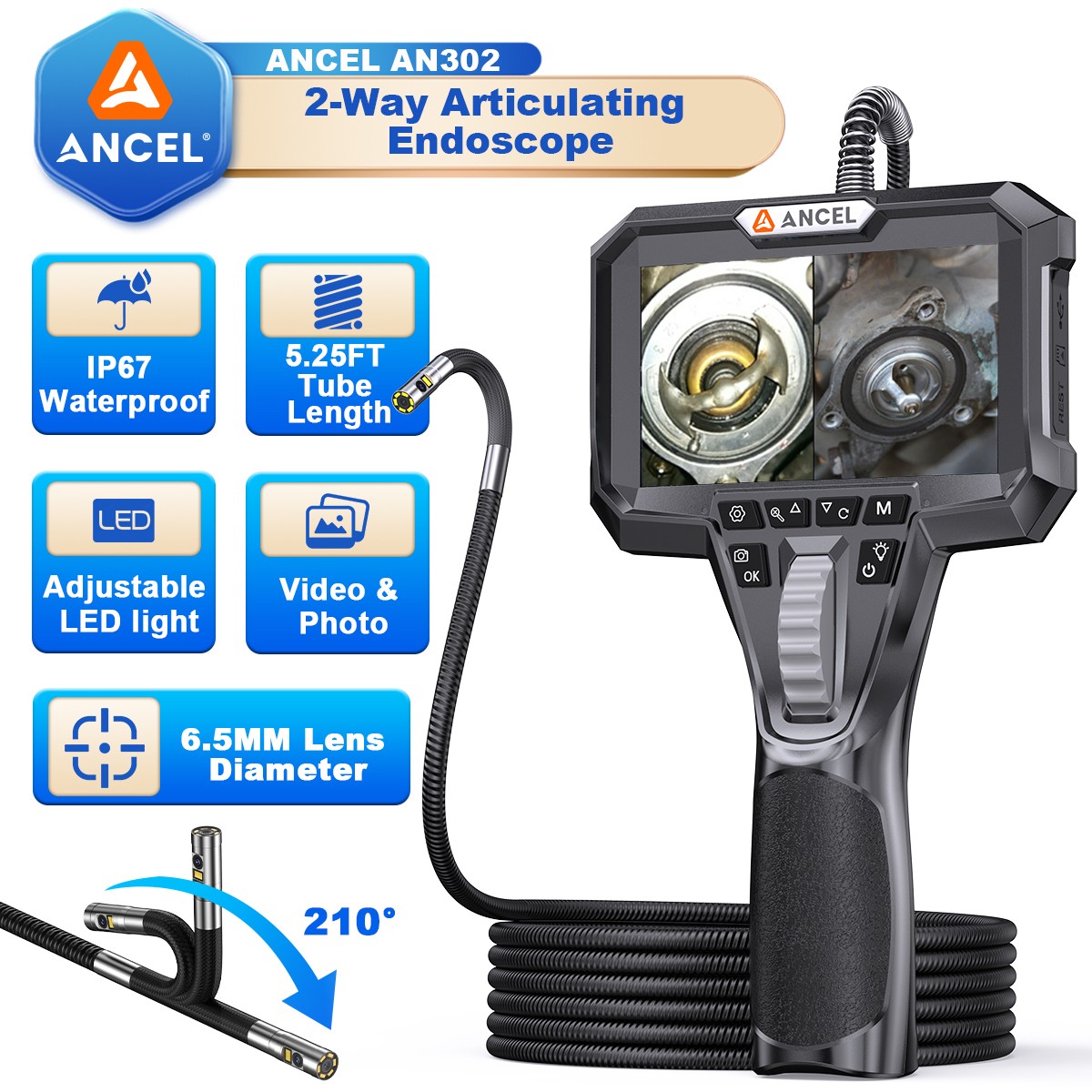 AN302 Industrial Endoscope Dual Lens Borescope Inspection Camera Two-Way 210°