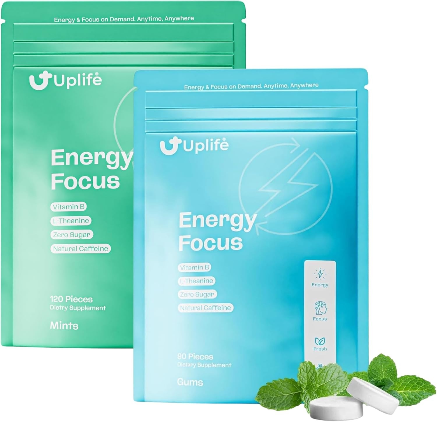 UPLIFE Energy and Focus Gum 20 Pcs & Mint 30 Pcs – Made in USA –Natural Caffeine