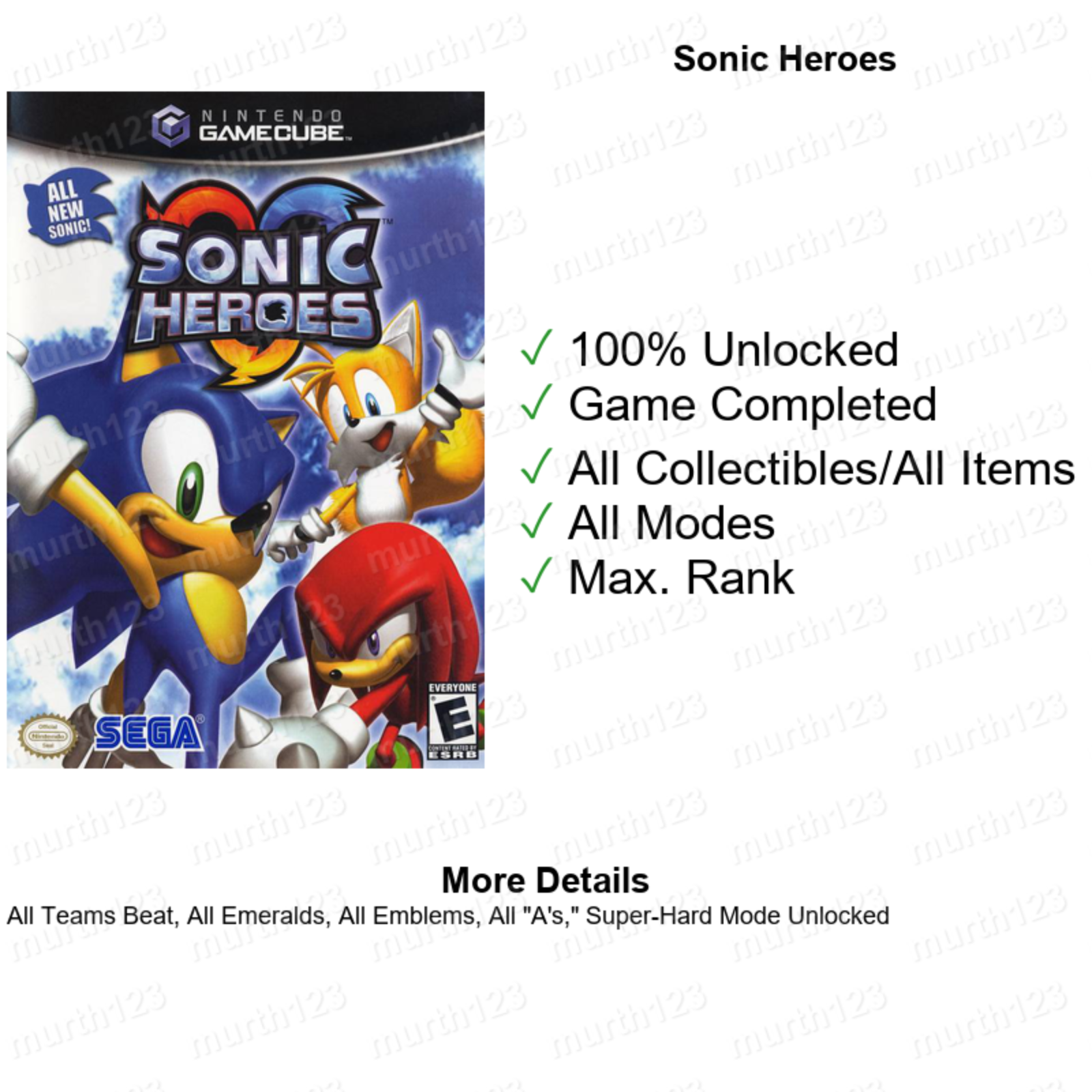 Sonic Mega Collection Riders Heroes Gems Save GameCube Memory Card Unlocked
