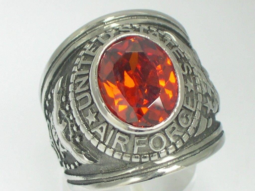 Stainless Steel United States Air Force Military Garnet Stone Men Ring Size 7-15
