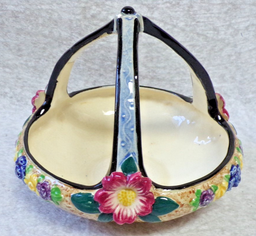 PORCELAIN BASKET WITH THREE HANDLES HAND DECORATED CERAMIC BOWL MADE IN JAPAN