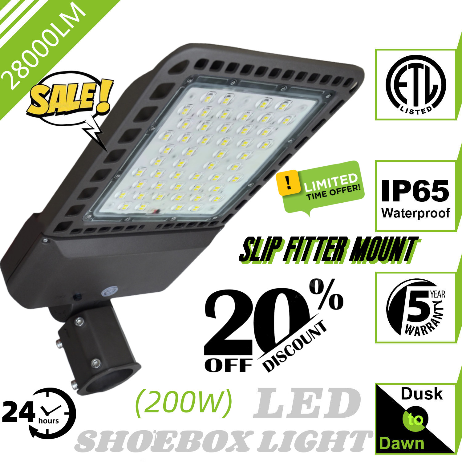 200W LED Parking Lot Light Dusk to Dawn LED Street Shoebox Commercial Pole Light