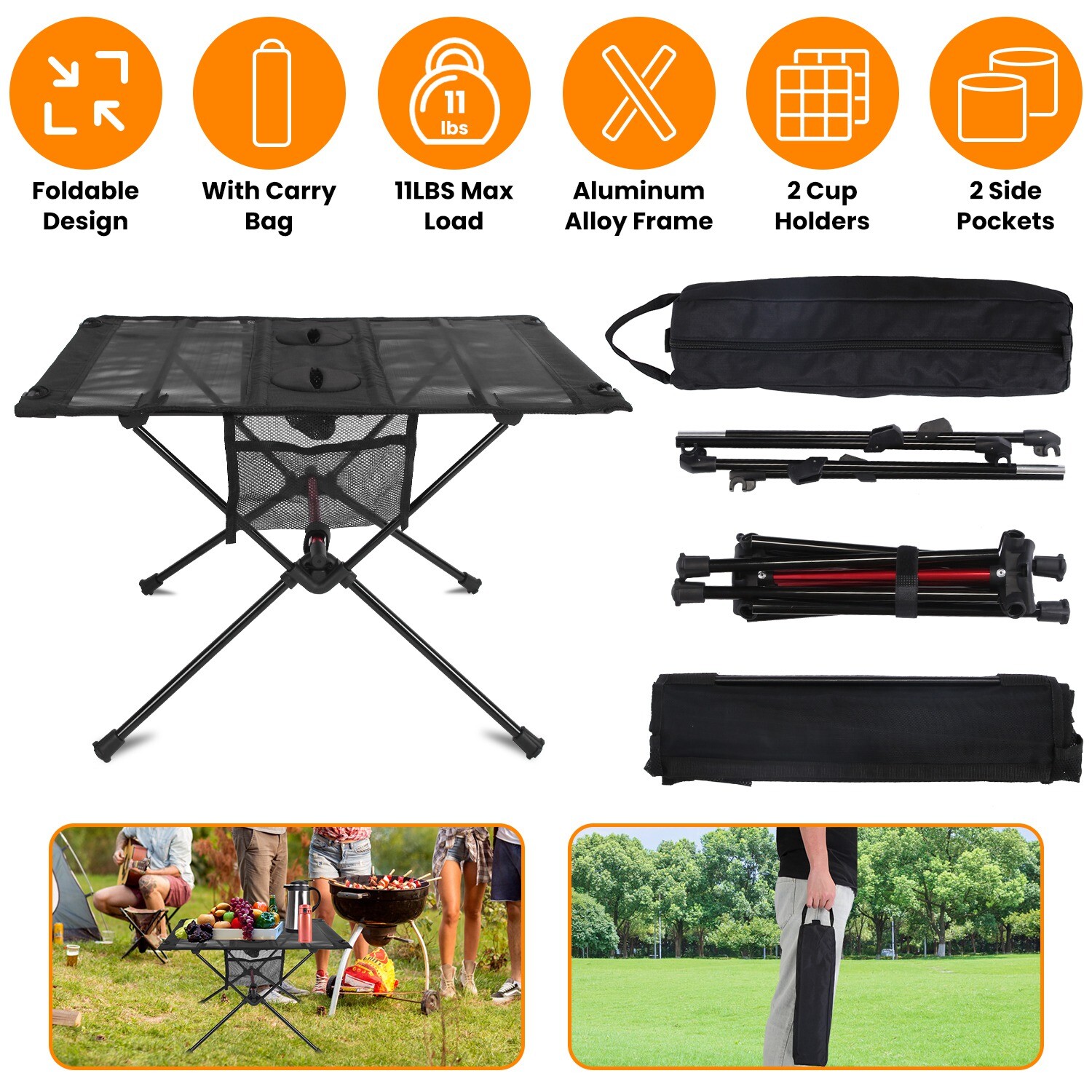 Folding Aluminum Camping Table with Mesh Storage Pockets & Dual Cup Holders