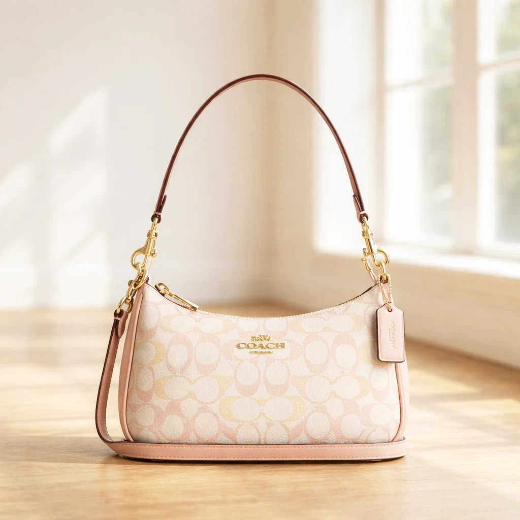 MWT Coach Teri Shoulder Bag In Pretty Signature Canvas CDZ05 Gold/Chalk/Pink New