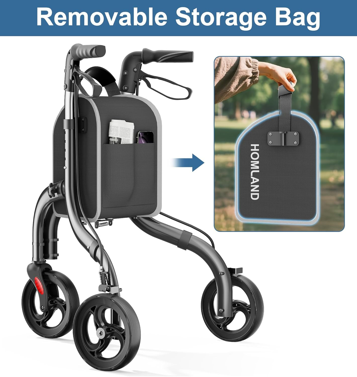 Lightweight 3 Wheel Walker for Seniors, Adjustable & Foldable with Storage Bag