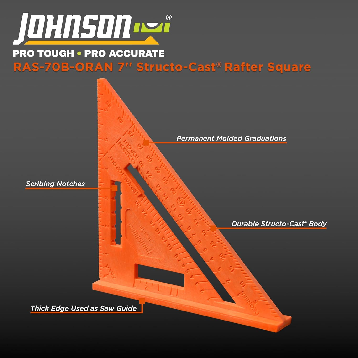Johnson Level & Tool RAS-70B-ORAN Structo-Cast Rafter Square, 7", Orange, 1 Squa