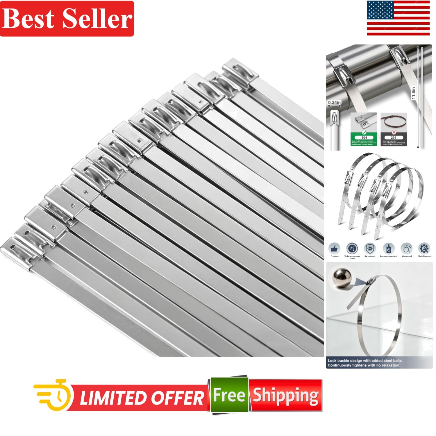 Metal Zip Ties 11.8 Inch 50 Pack Stainless Steel Heavy Duty Self-Locking for ...