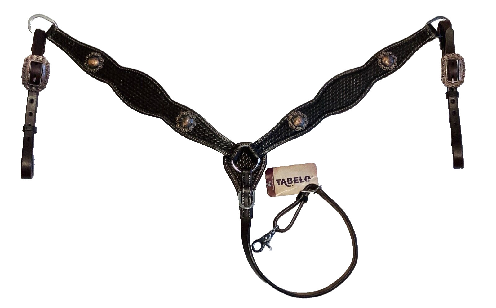 Western Scalloped Leather Stamped Basket-Weave Breast Collar w/Conchos, DK BROWN