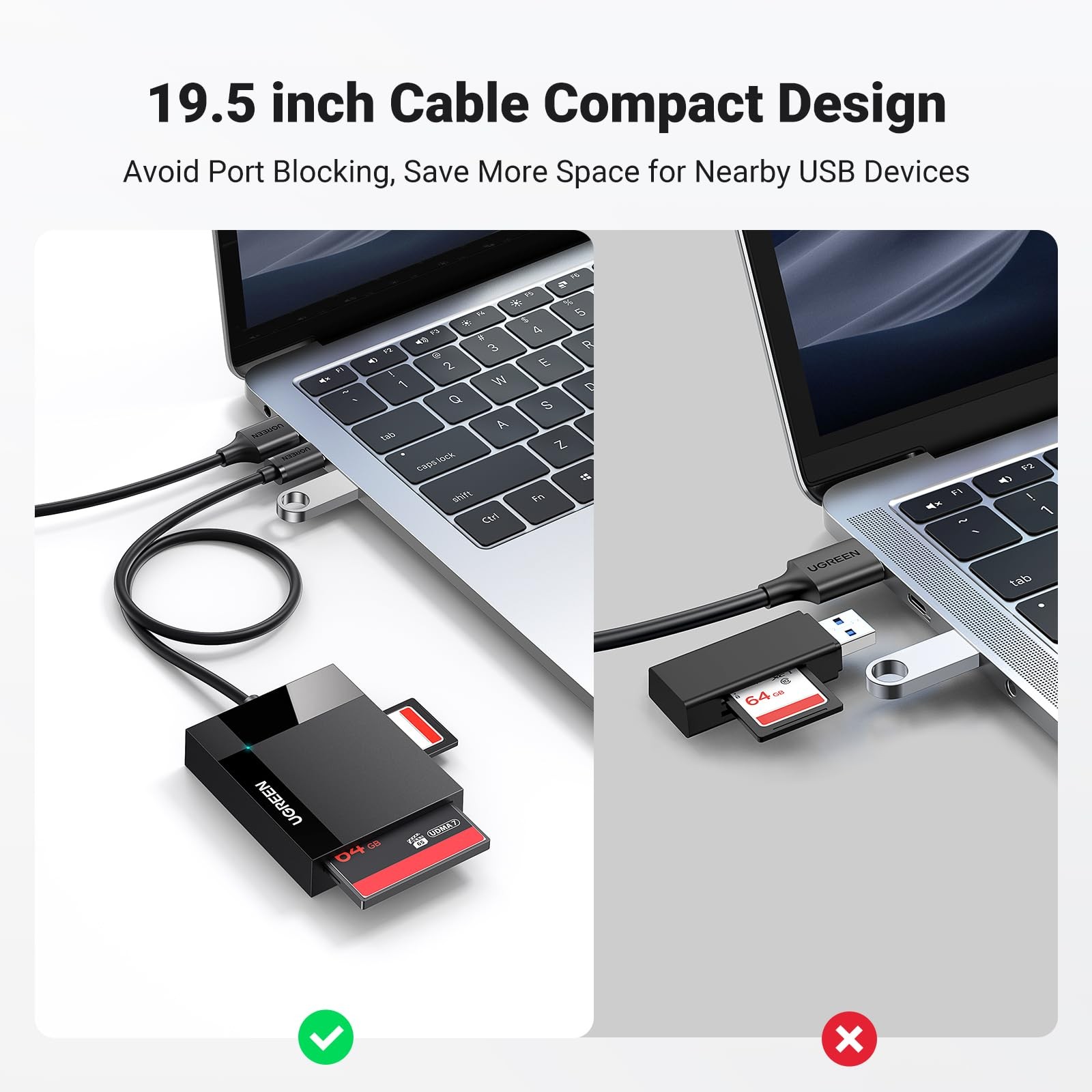 UGREEN SD Card Reader USB 3.0 Hub Adapter 5Gbps Read 4 Cards Black
