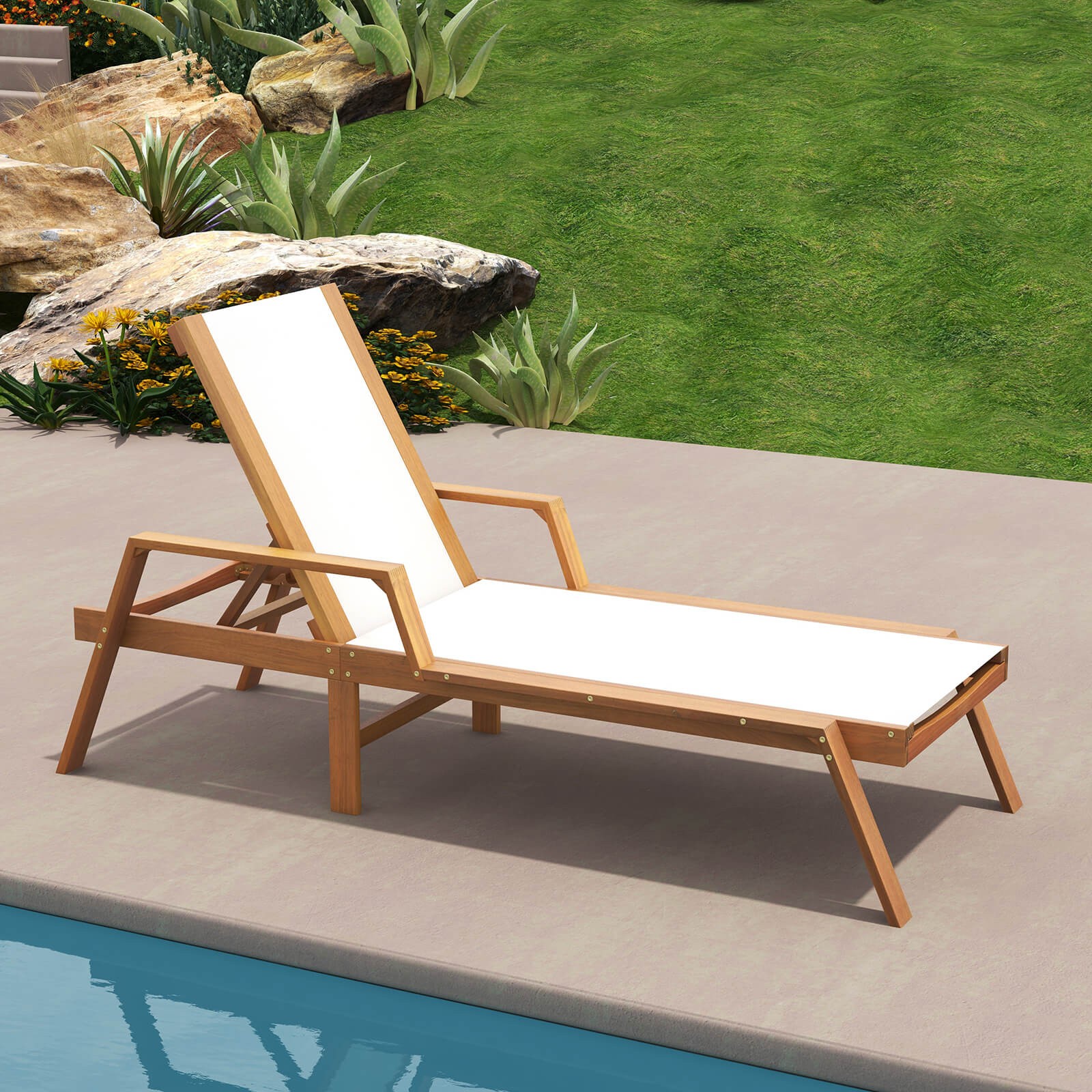 2PCS Outdoor Chaise Lounge w/ Adjustable 5-position Backrest Solid Wood Frame