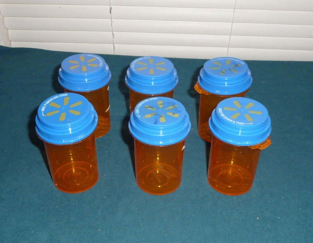 Lot of 6 Empty Plastic PM-30 Pill Bottles 3.25" Amber Hobby & Crafts Blue Lids