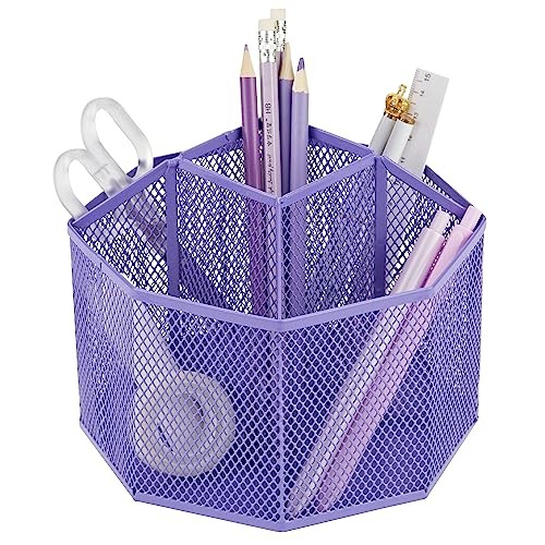 Mesh Desk Organizer Rotate with 5 Compartments Spinning Tidy Candy/Pen Purple