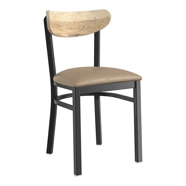 Boomerang Back Metal Dining Chairs with Taupe Vinyl Seat and Driftwood Wood Back