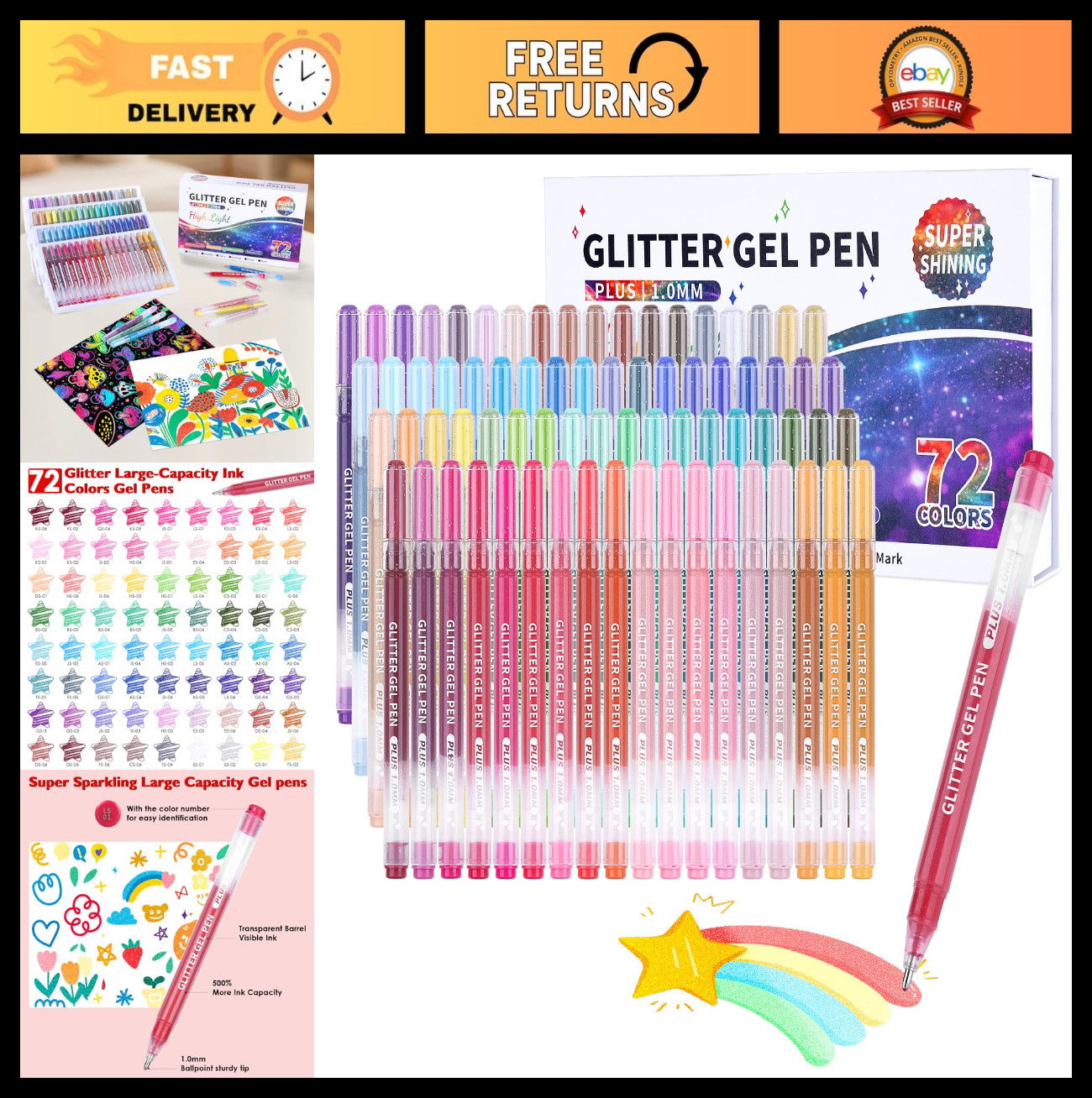 72 Glitter Gel Pens Set - Sparkle Colored Markers for Adult Coloring, Scrapbooki