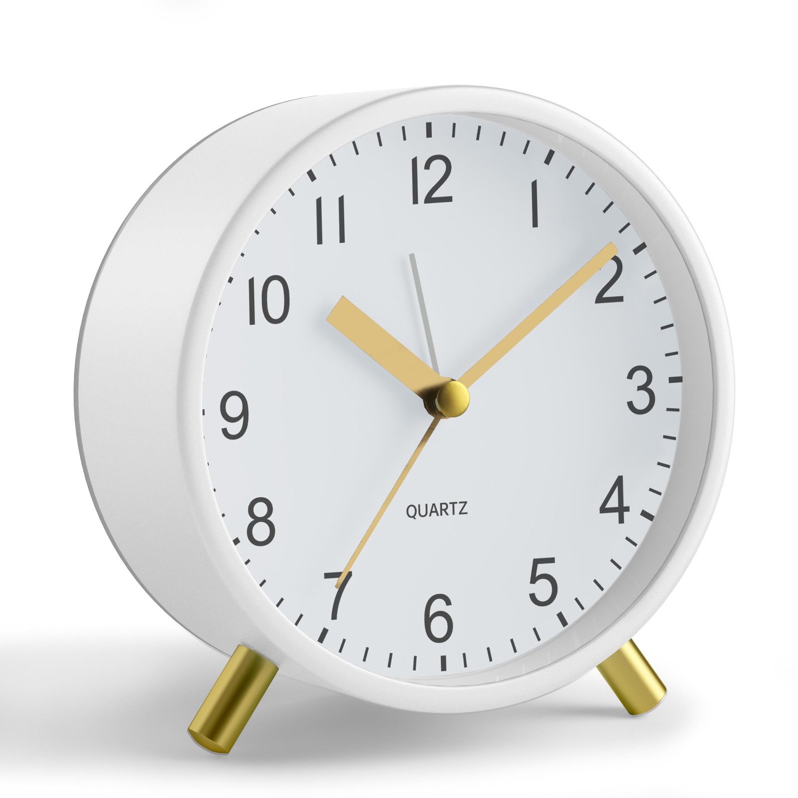 Analog Alarm Clock, 4 inch Super Silent Non Ticking Small Clock White + Gold