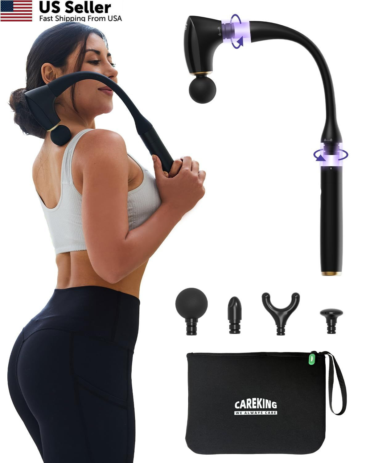 2-in-1 Detachable Percussion Massage Gun with Extension Handle, Back Black