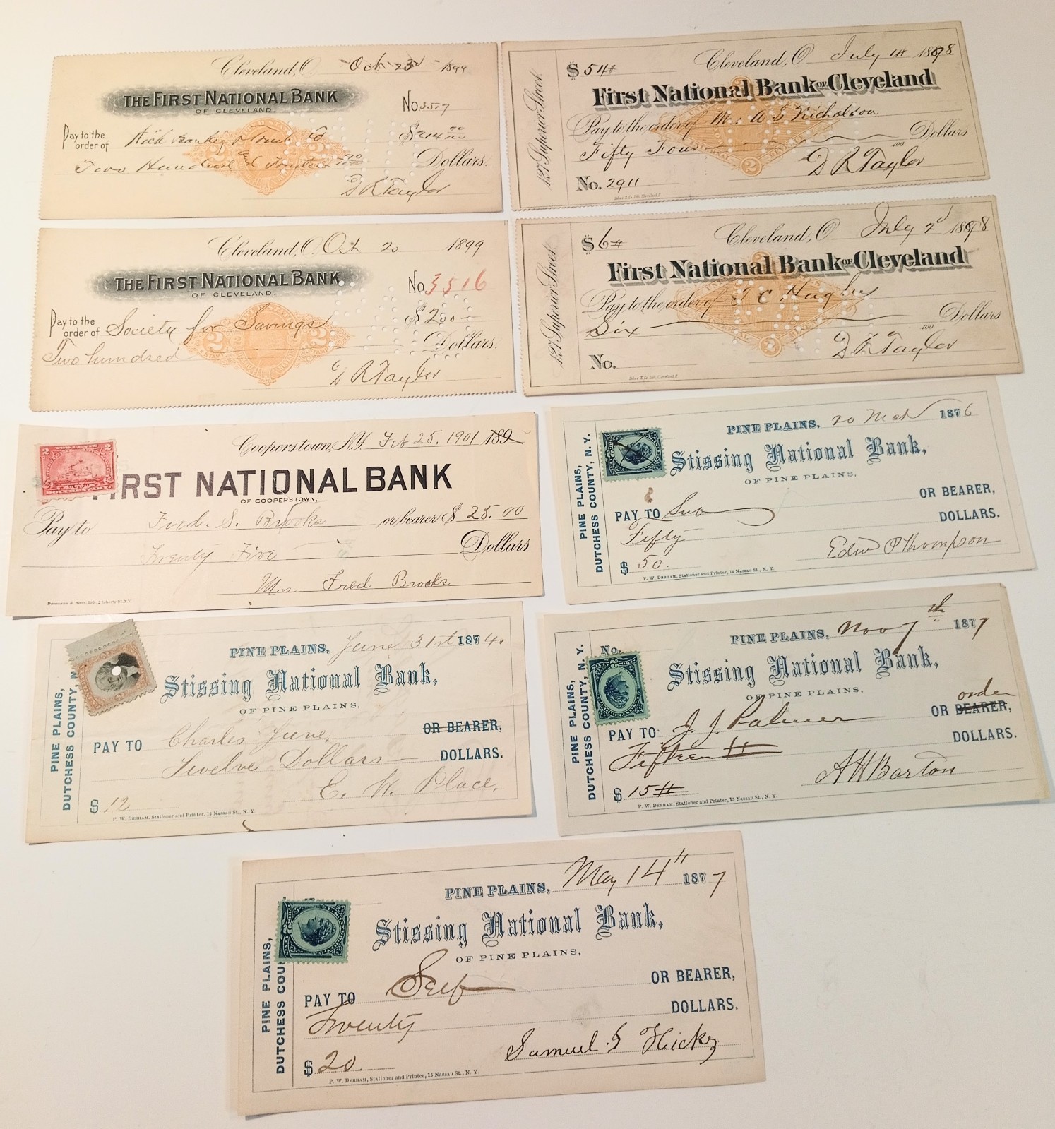 9 Antique Bank Checks First National Bank of Cleveland, Cooperstown, Pine Plains
