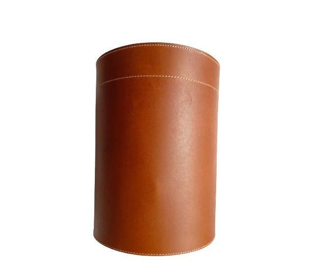 Cylindrical Round Leather Trash Can, Harness Leather Office Bin Home Gift