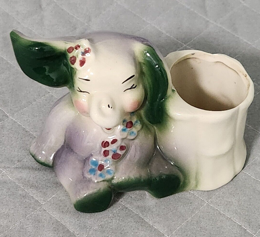 Vintage Ceramic Oriental Asian Elephant Nursery Planter Sweet Face 6" wide