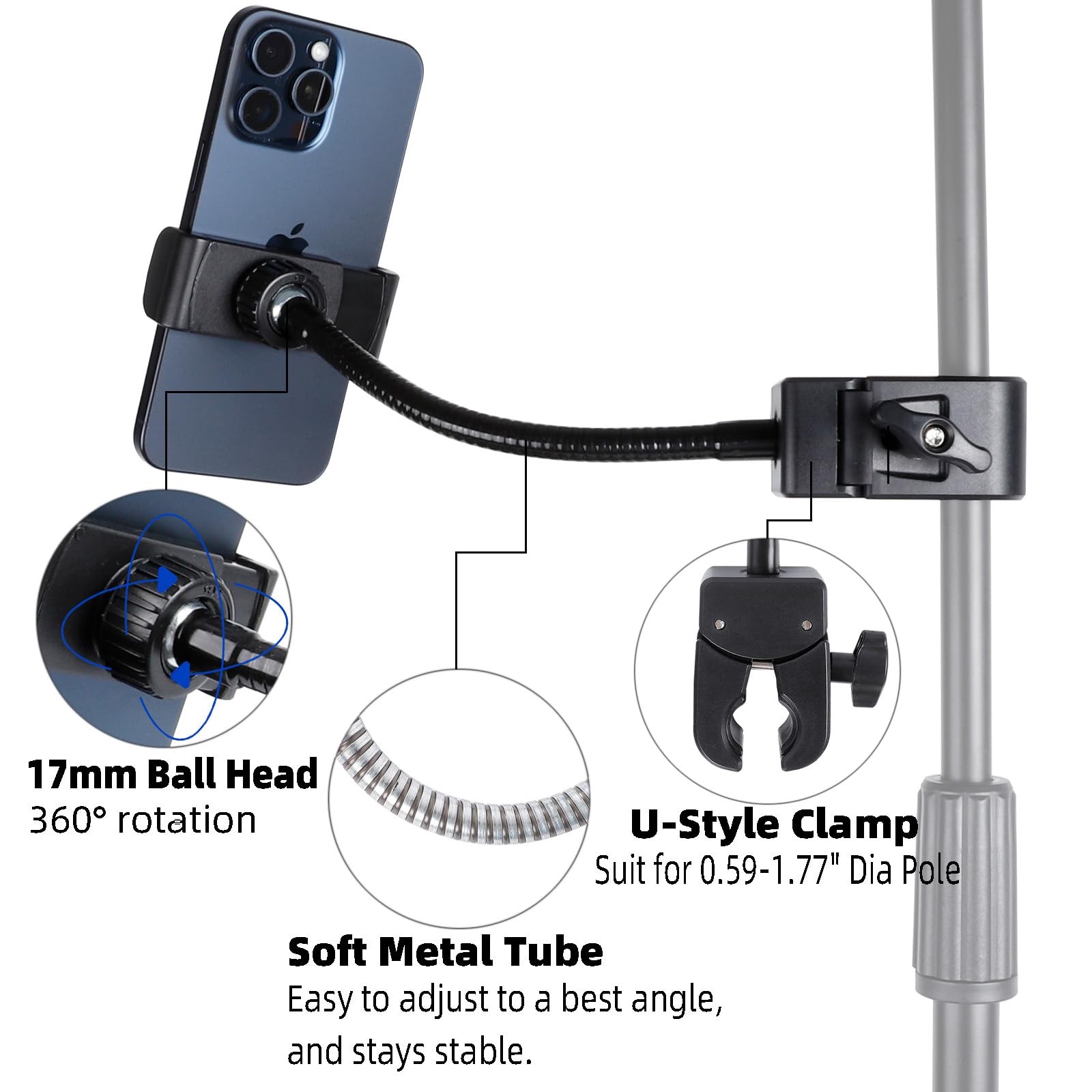 Mic Stand Phone Holder, Flexible Phone Mount with 7.9" Removable Gooseneck for M